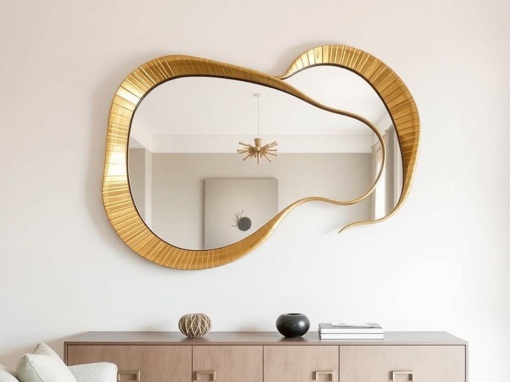 A sculptural wall mirror with an asymmetrical organic shape and textured frame A sculptural wall mirror with an asymmetrical organic shape and textured frame