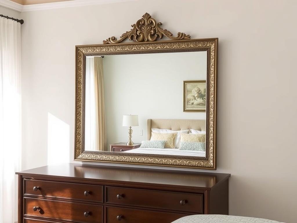 A serene bedroom with a decorative mirror above a dresser and soft lighting A serene bedroom with a decorative mirror above a dresser and soft lighting