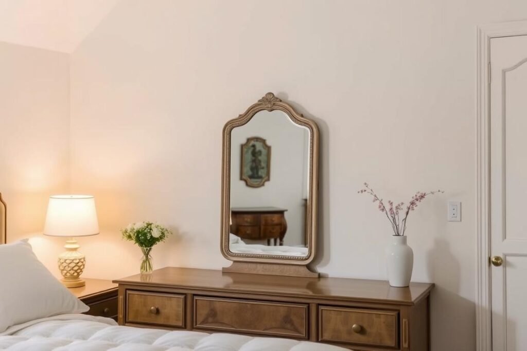 A serene bedroom with a vintage vanity mirror and soft lighting creating a peaceful atmosphere A serene bedroom with a vintage vanity mirror and soft lighting creating a peaceful atmosphere