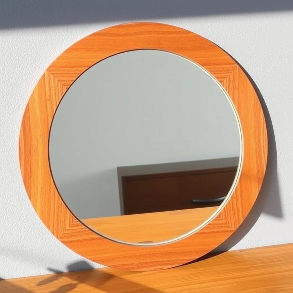 A sleek mid-century modern mirror with teak frame and simple geometric shape A sleek mid-century modern mirror with teak frame and simple geometric shape