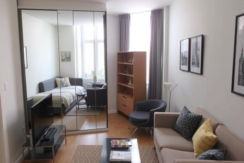 A small apartment space with strategically placed mirrors to create the illusion of more space A small apartment space with strategically placed mirrors to create the illusion of more space