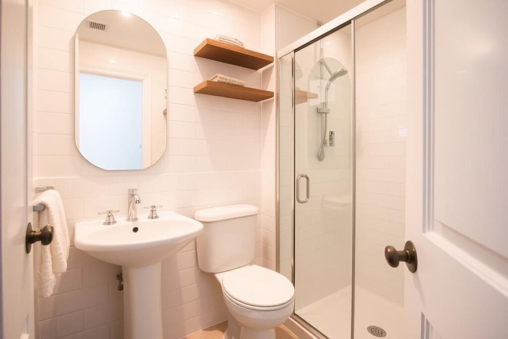 A small bathroom with space-saving fixtures and clever storage solutions A small bathroom with space-saving fixtures and clever storage solutions