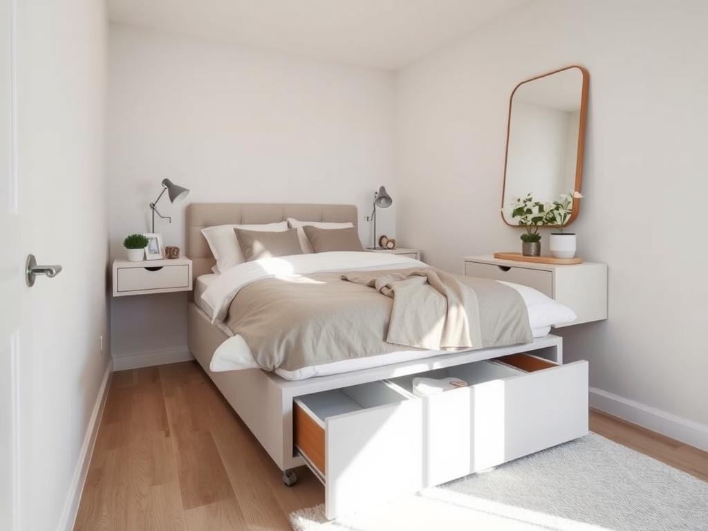 A small bedroom with space-saving solutions including wall-mounted nightstands and under-bed storage A small bedroom with space-saving solutions including wall-mounted nightstands and under-bed storage