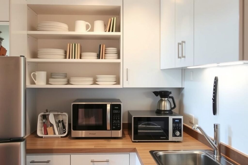 A small kitchen with space-efficient appliances and vertical storage solutions A small kitchen with space-efficient appliances and vertical storage solutions