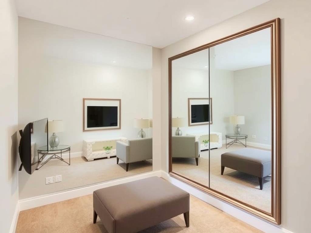 A small room with a large wall mirror creating the illusion of doubled space and depth A small room with a large wall mirror creating the illusion of doubled space and depth