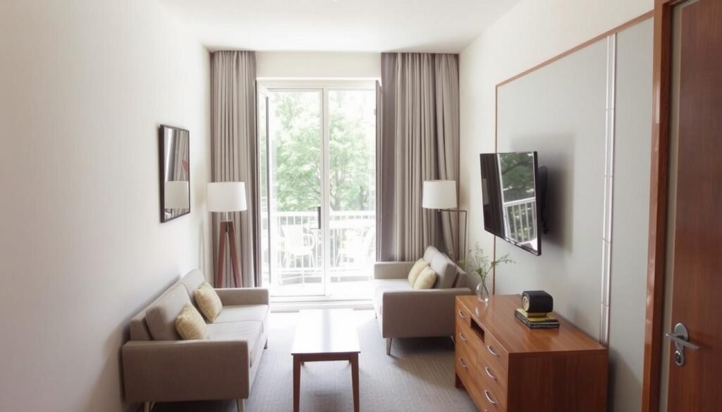 A small room with a mirror strategically placed to reflect a window and create the illusion of another room A small room with a mirror strategically placed to reflect a window and create the illusion of another room