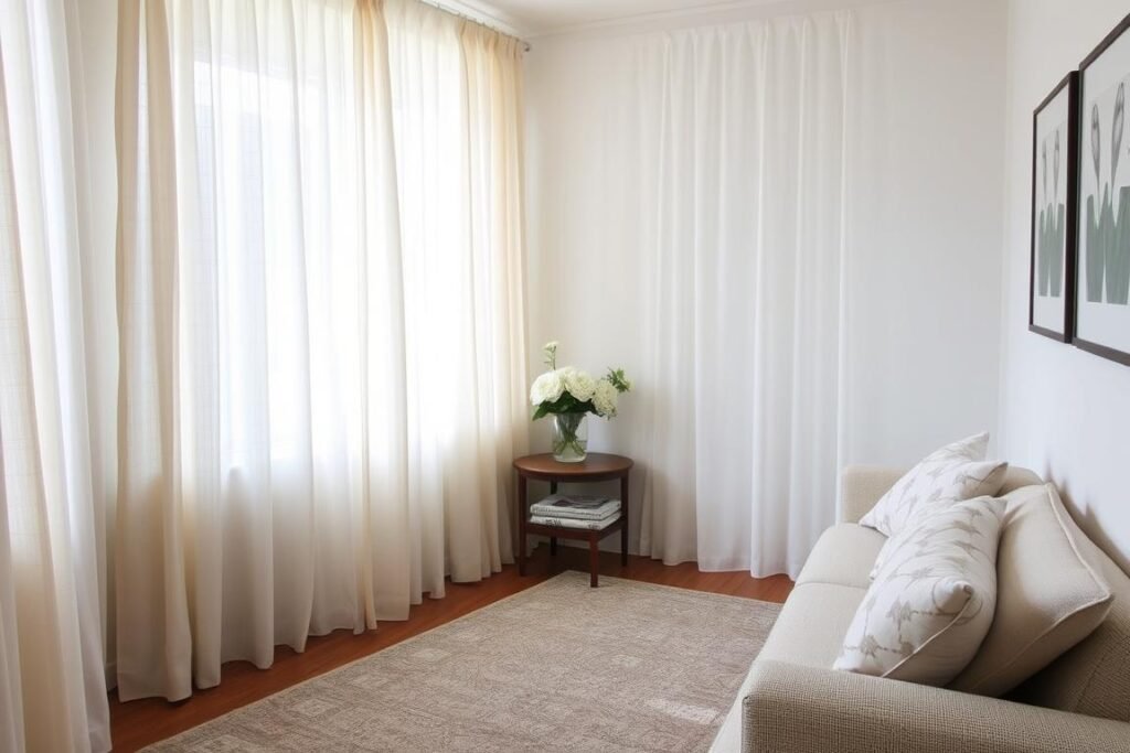 A small room with carefully selected textiles and patterns that create visual interest without overwhelming the space A small room with carefully selected textiles and patterns that create visual interest without overwhelming the space