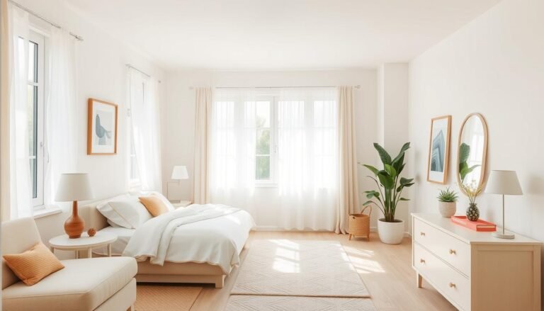 A small room with light neutral colors making it appear larger and more open