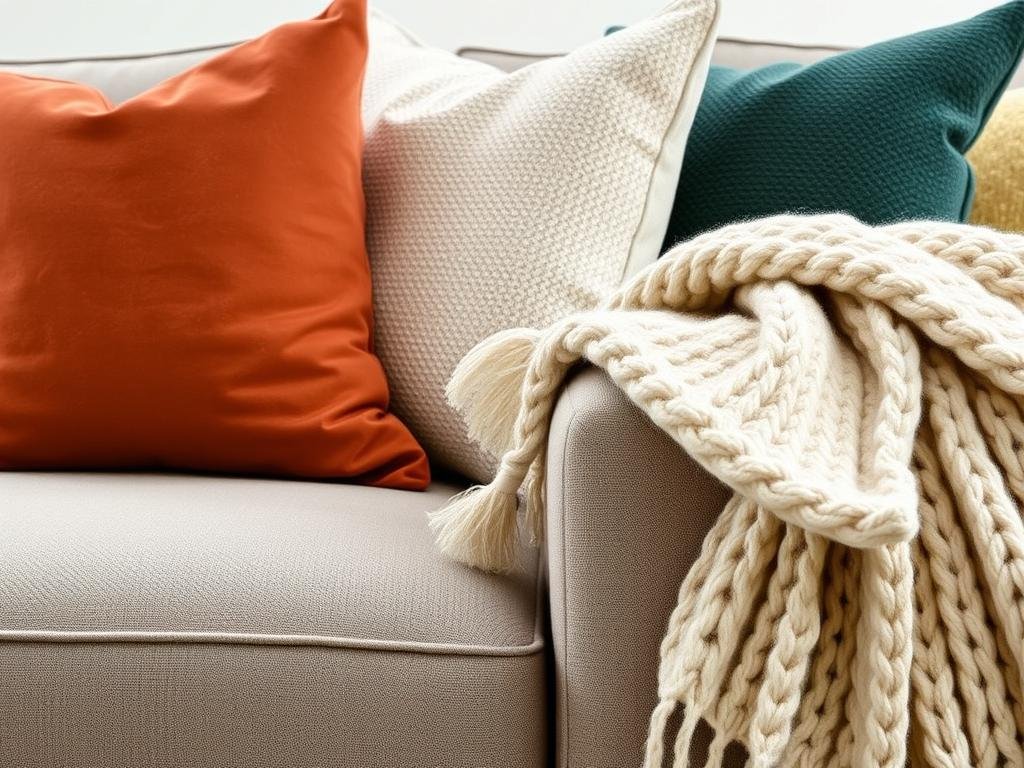A sofa layered with multiple textured throw pillows and a soft blanket A sofa layered with multiple textured throw pillows and a soft blanket