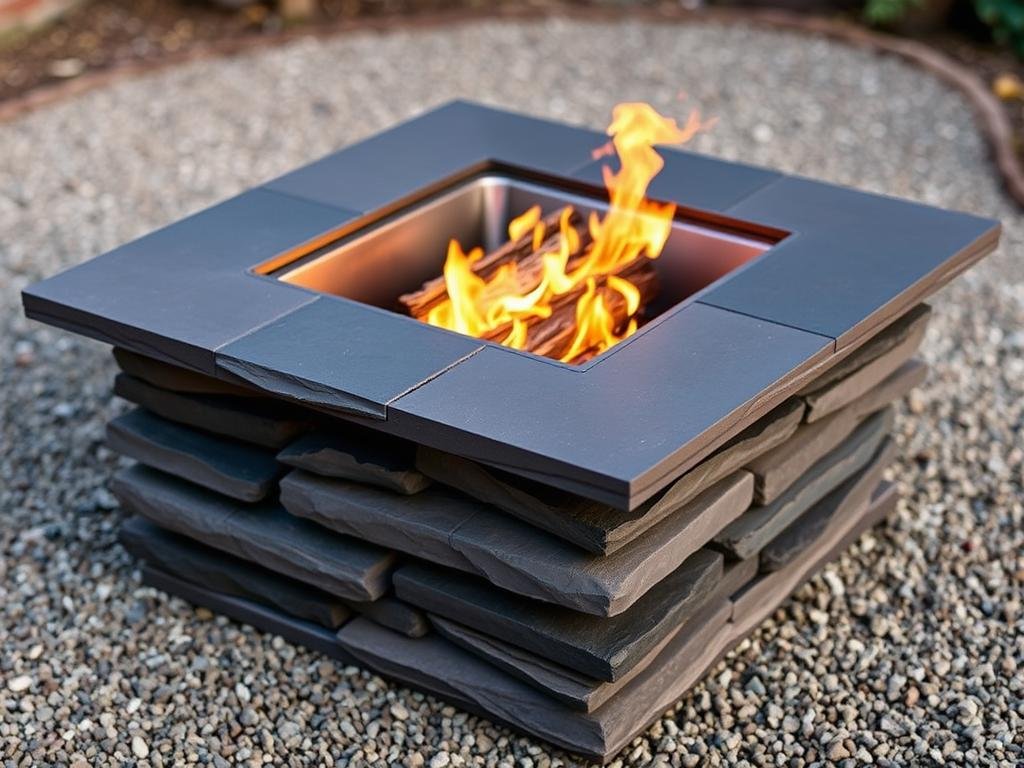 A stacked slate fire pit with horizontal layers of flat stone creating a textured appearance with a wood fire burning inside