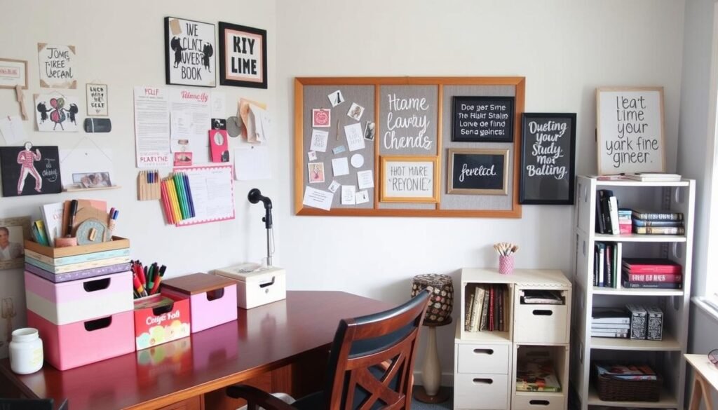 A study room featuring handmade decor items and DIY organization solutions for personalized study room decor