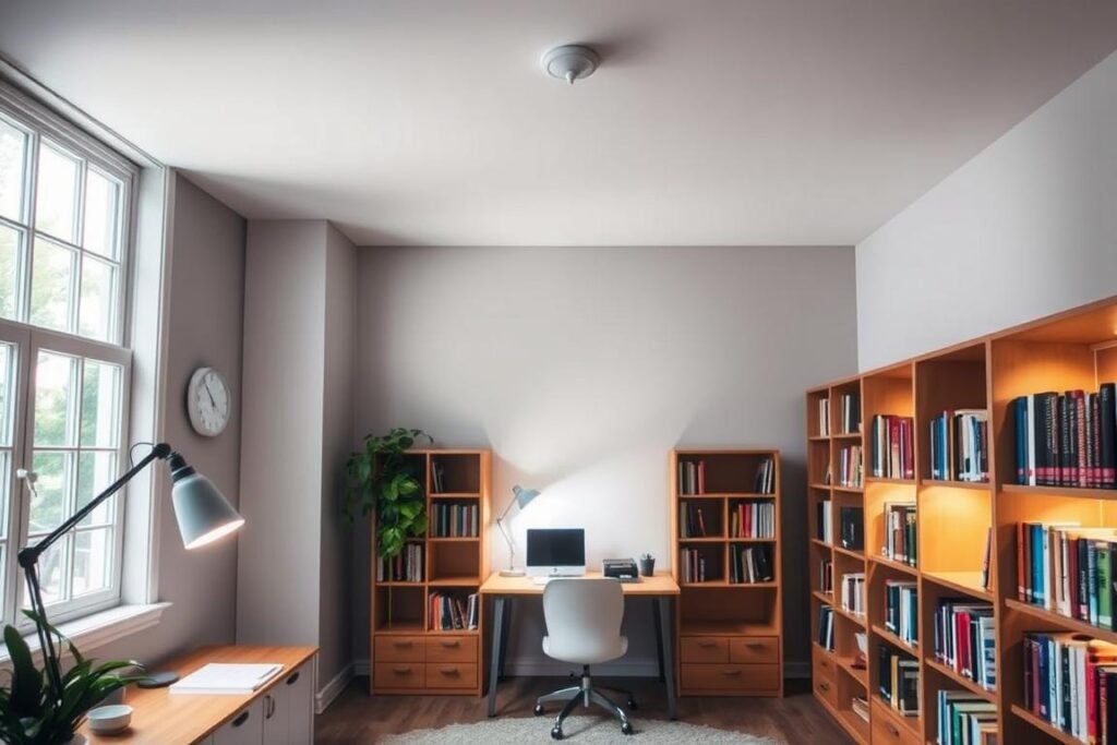 A study room with layered lighting including natural light, task lighting, and ambient lighting demonstrating effective study room decor lighting