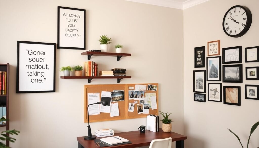 A study room with motivational wall art, floating shelves, and a bulletin board showcasing creative study room decor for walls