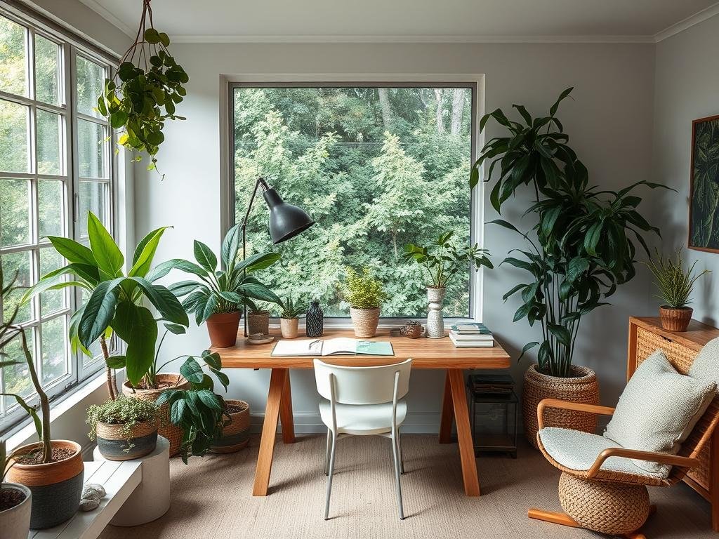 A study room with plants, natural materials, and nature-inspired decor showing biophilic study room decor