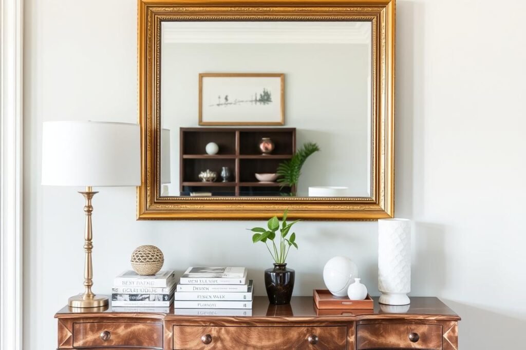 A styled console table beneath a wall mirror with balanced decorative elements and a table lamp A styled console table beneath a wall mirror with balanced decorative elements and a table lamp