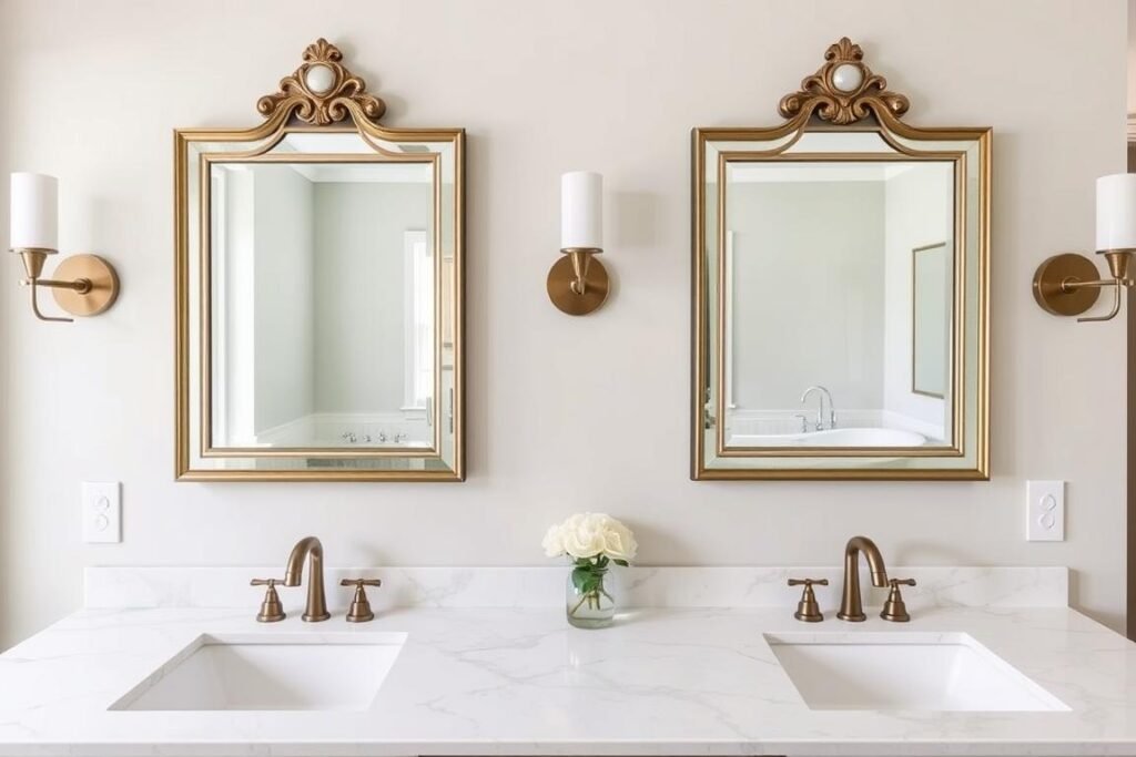 A stylish bathroom with decorative mirrors above double sinks A stylish bathroom with decorative mirrors above double sinks