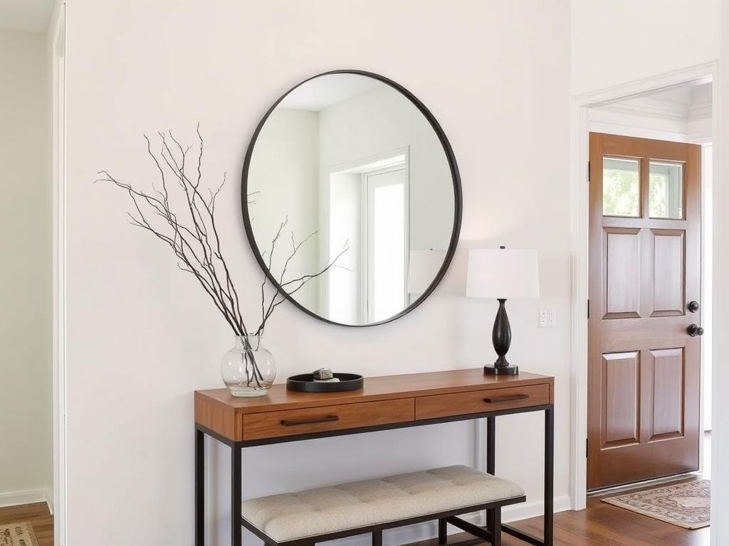 A stylish entryway with a large mirror, console table, and decorative elements A stylish entryway with a large mirror, console table, and decorative elements