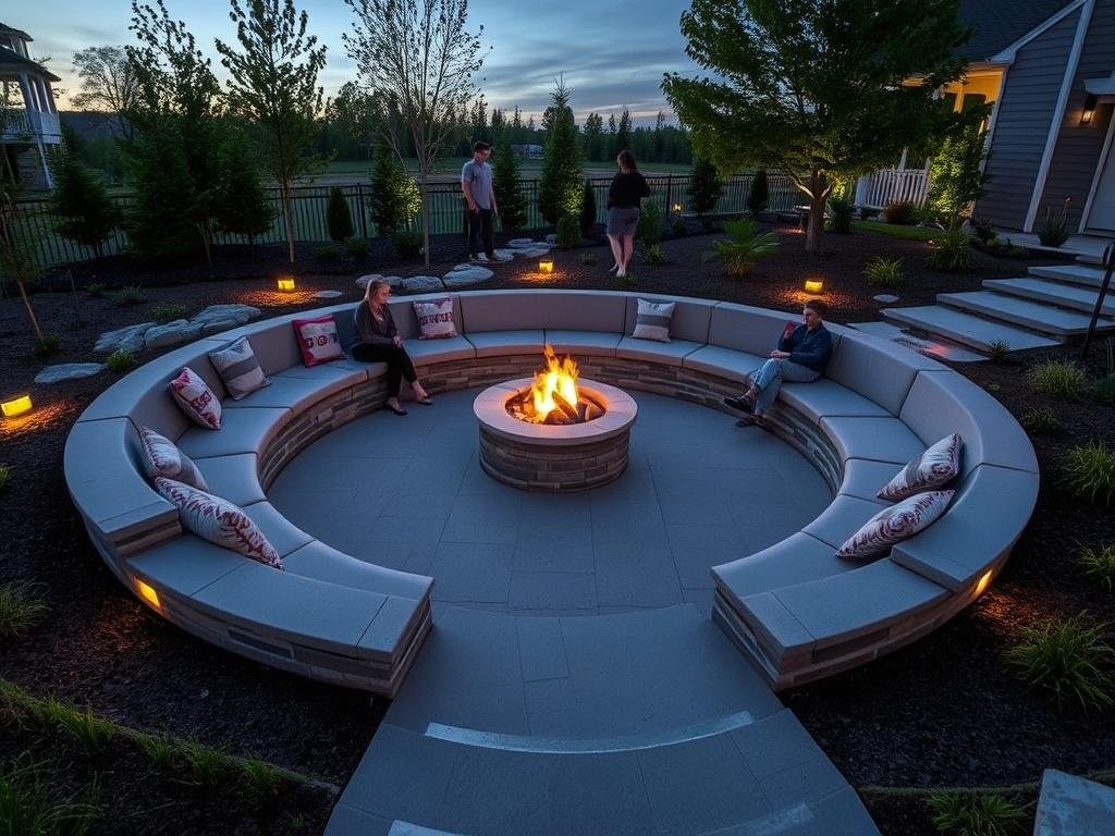 A sunken conversation pit with built-in bench seating surrounding a central fire feature in a modern landscape design
