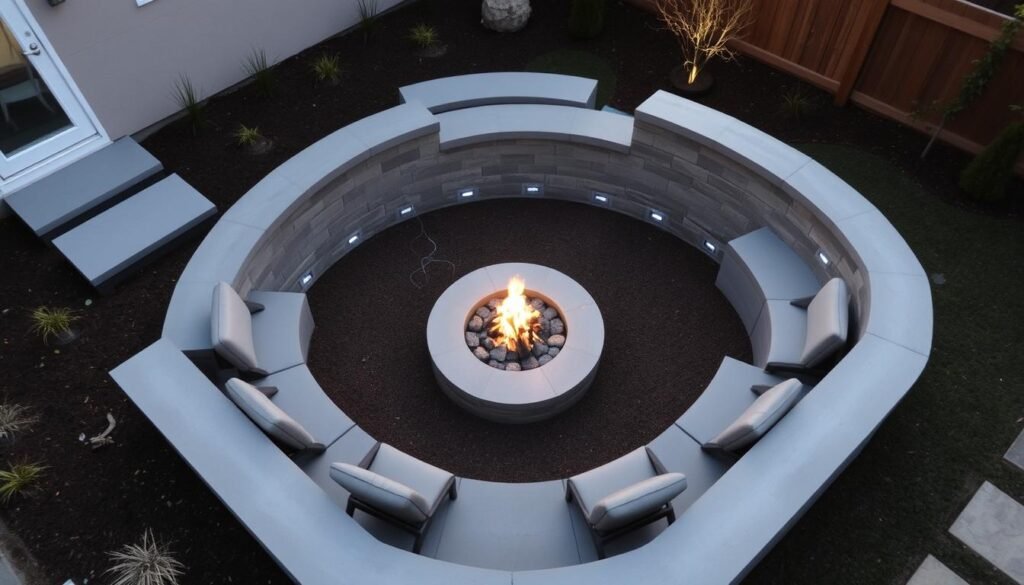 A sunken fire pit with built-in concrete seating in a modern backyard landscape design