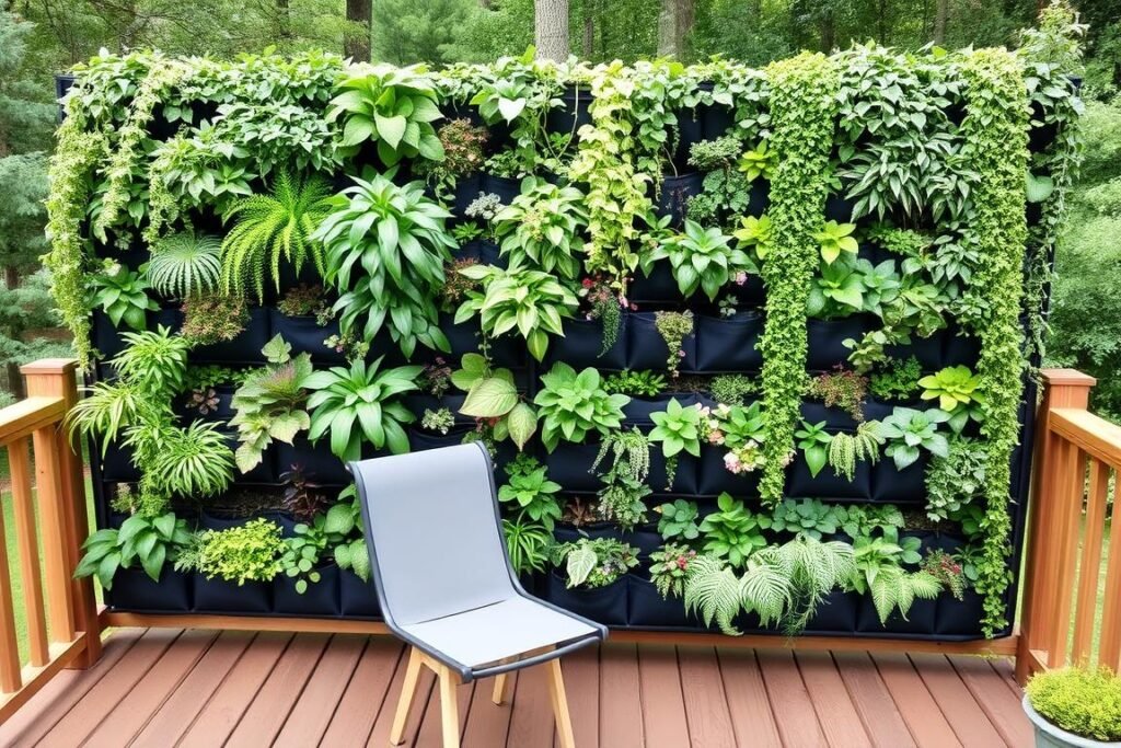 A vertical garden privacy screen with various plants creating a living wall on a patio A vertical garden privacy screen with various plants creating a living wall on a patio