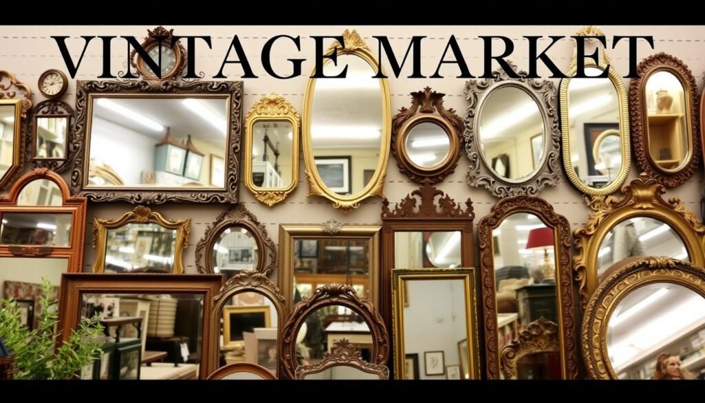 A vintage market stall with various antique and vintage mirrors on display A vintage market stall with various antique and vintage mirrors on display