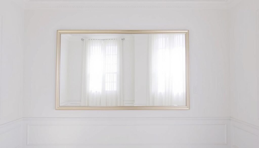 A wall mirror positioned opposite a window, reflecting and amplifying natural light throughout the room A wall mirror positioned opposite a window, reflecting and amplifying natural light throughout the room