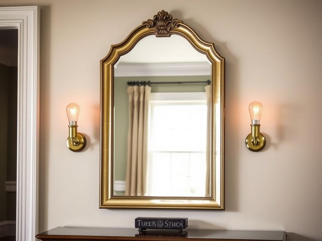 A wall mirror strategically placed to reflect window light, with wall sconces on either side A wall mirror strategically placed to reflect window light, with wall sconces on either side