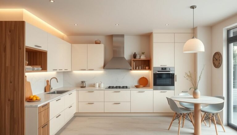 A warm neutral kitchen with cream cabinets, wooden accents, and soft lighting creating a cozy atmosphere