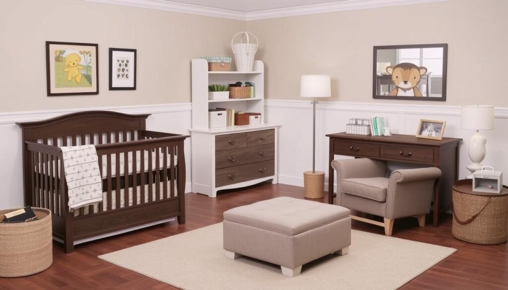 A well-arranged baby room showing essential furniture pieces including crib, changing table, and glider