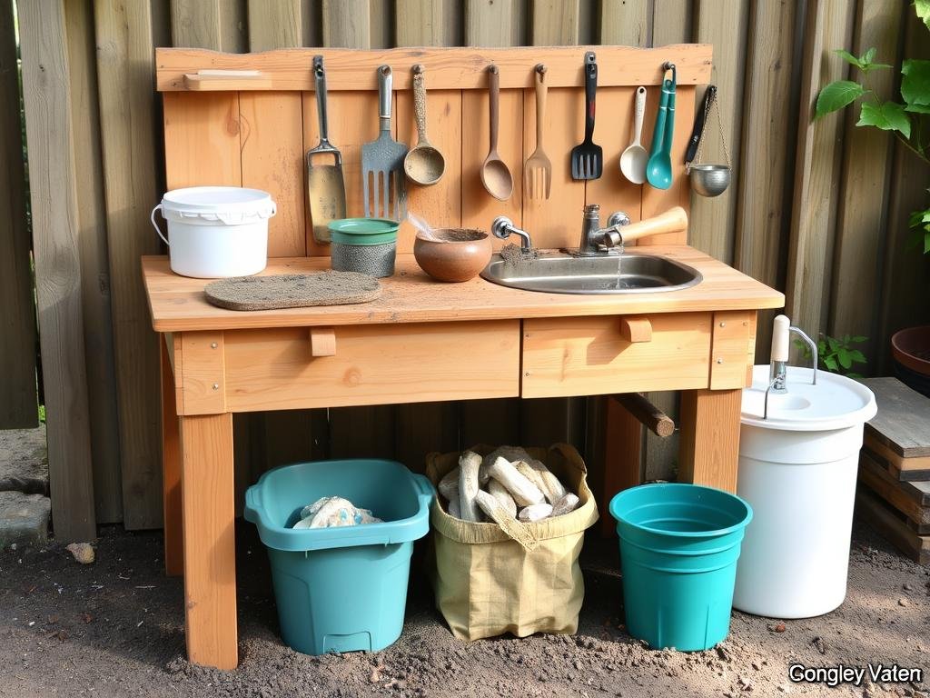A well-organized mud kitchen showing essential components like work surface, water source, and storage A well-organized mud kitchen showing essential components like work surface, water source, and storage