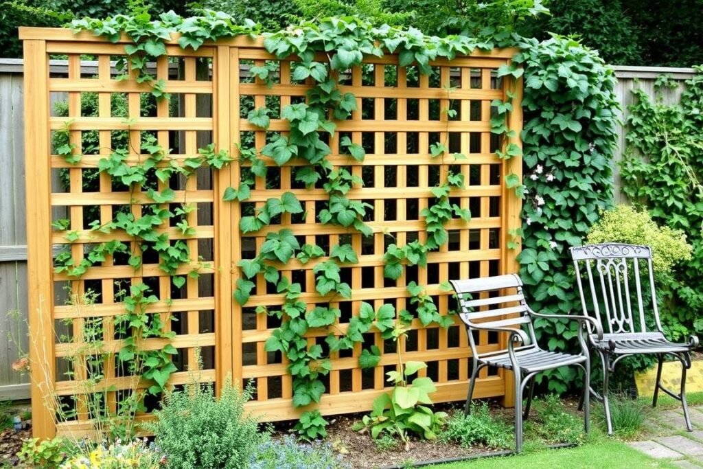 A wooden lattice privacy panel with climbing plants in a garden setting A wooden lattice privacy panel with climbing plants in a garden setting