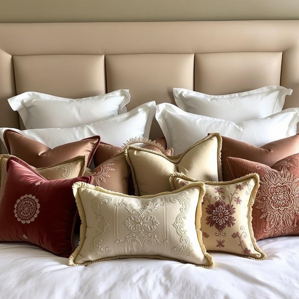 Abundant pillow arrangement creating luxurious room decor bedroom focal point Abundant pillow arrangement creating luxurious room decor bedroom focal point