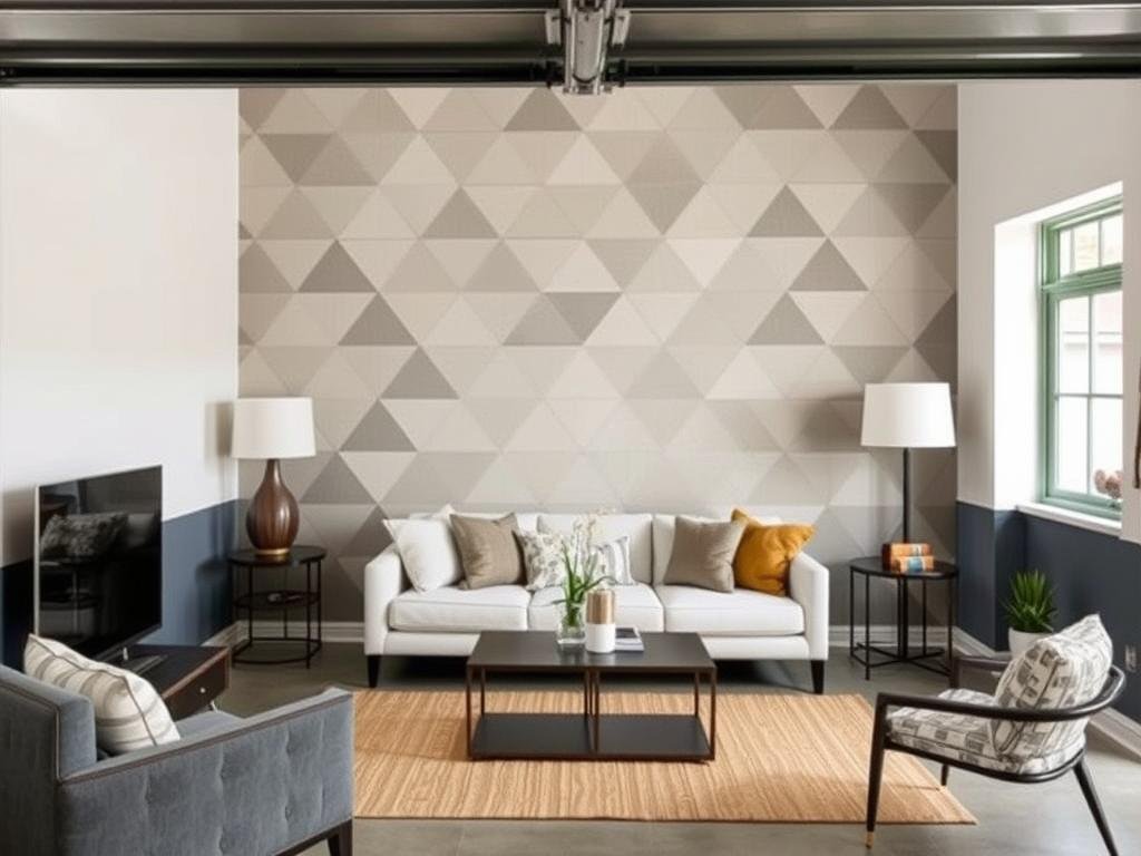 Accent wall with removable wallpaper in converted garage living space Accent wall with removable wallpaper in converted garage living space