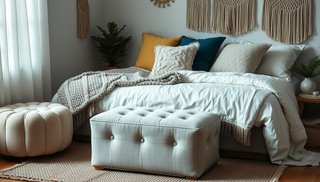 Aesthetic bedroom with layered textiles, throw pillows, and textured elements showing aesthetic room decor ideas Aesthetic bedroom with layered textiles, throw pillows, and textured elements showing aesthetic room decor ideas