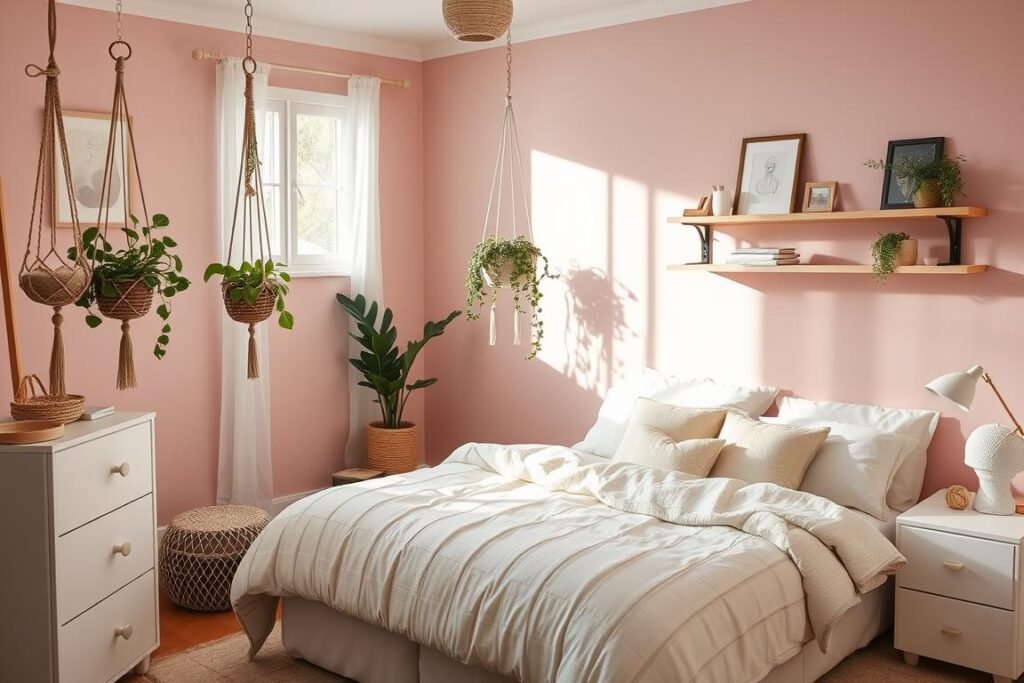 Aesthetic bedroom with soft pink walls, neutral furniture, and plants showing aesthetic room decor ideas with color Aesthetic bedroom with soft pink walls, neutral furniture, and plants showing aesthetic room decor ideas with color