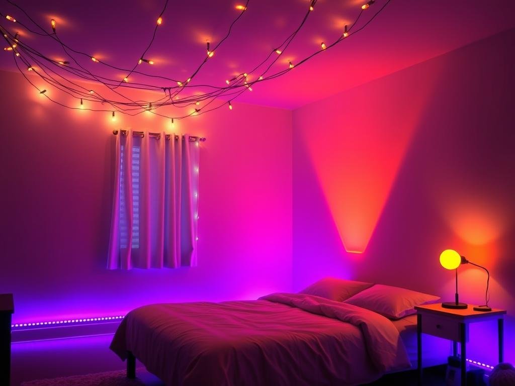 Aesthetic bedroom with string lights, LED strips, and ambient lighting showcasing aesthetic room decor ideas Aesthetic bedroom with string lights, LED strips, and ambient lighting showcasing aesthetic room decor ideas