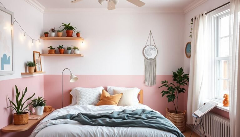 Aesthetic bedroom with string lights, plants, and pastel colors showcasing what aesthetic room decor ideas look like