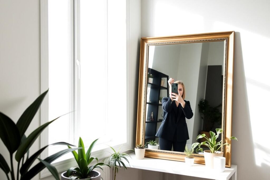 Aesthetic mirror selfie corner with plants and soft lighting Aesthetic mirror selfie corner with plants and soft lighting