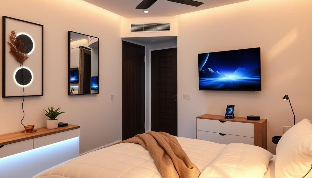 Aesthetic room with smartly integrated technology, hidden cords, and tech accessories showing aesthetic room decor ideas Aesthetic room with smartly integrated technology, hidden cords, and tech accessories showing aesthetic room decor ideas