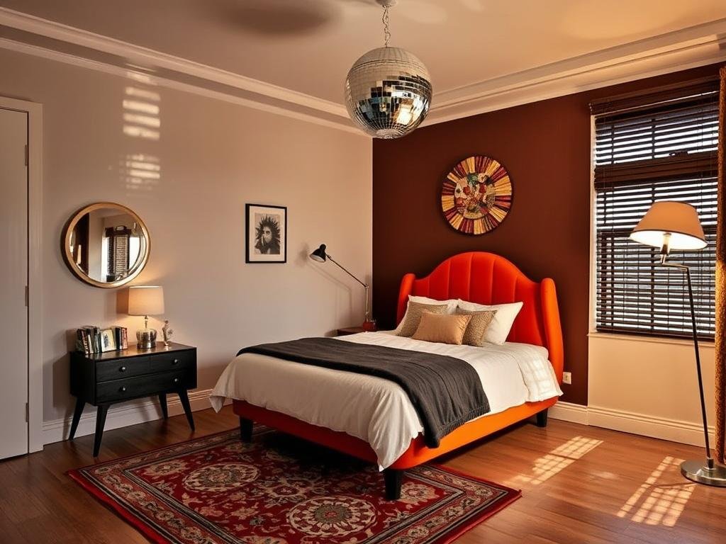 Aesthetic room with statement pieces like disco ball, unique headboard, and vintage rug showing aesthetic room decor ideas Aesthetic room with statement pieces like disco ball, unique headboard, and vintage rug showing aesthetic room decor ideas