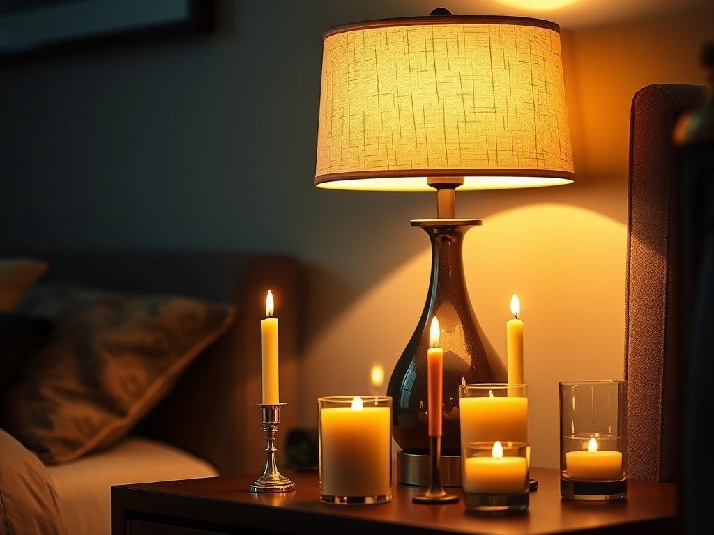 Aesthetic table lamps and candles creating warm lighting Aesthetic table lamps and candles creating warm lighting