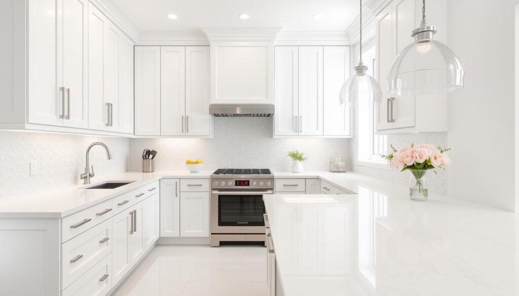 All-white modern kitchen with subtle texture variations All-white modern kitchen with subtle texture variations