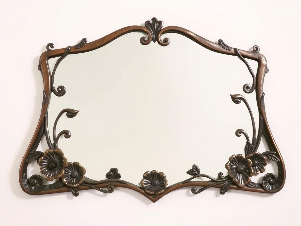 An Art Nouveau mirror with flowing organic lines and whimsical floral details An Art Nouveau mirror with flowing organic lines and whimsical floral details