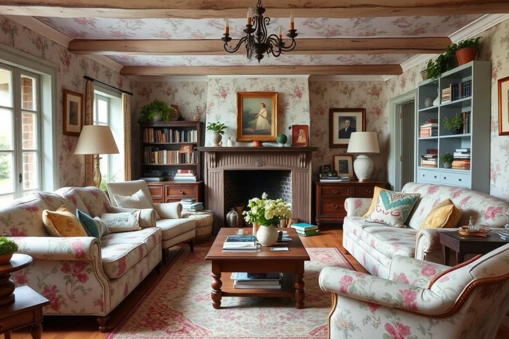 An English cottage style living room with floral patterns and vintage furniture An English cottage style living room with floral patterns and vintage furniture