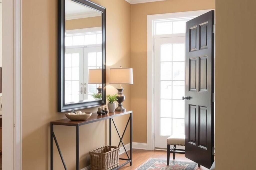 An entryway with a large wall mirror above a console table with decorative items and a lamp An entryway with a large wall mirror above a console table with decorative items and a lamp