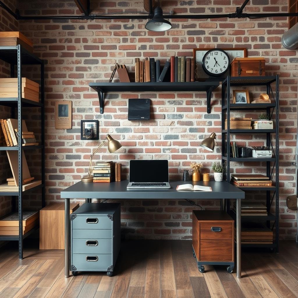 An industrial-style study room with metal accents, exposed materials, and vintage elements for a modern study room decor approach