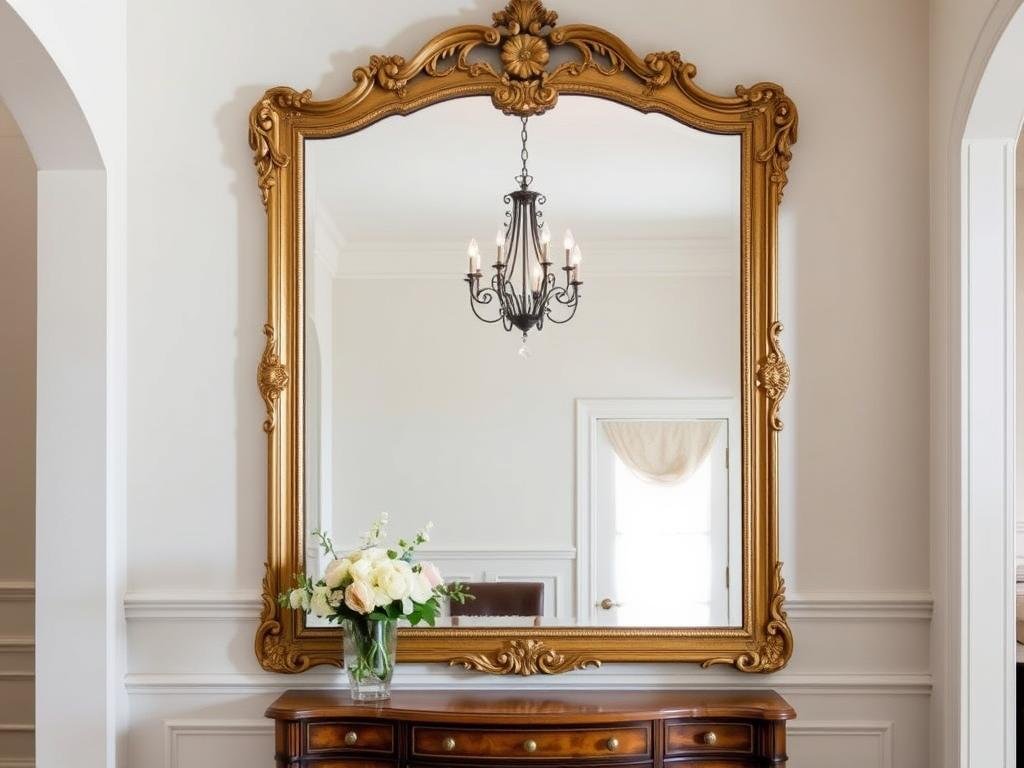 An ornate gold vintage-inspired wall mirror with intricate detailing in a traditional entryway An ornate gold vintage-inspired wall mirror with intricate detailing in a traditional entryway
