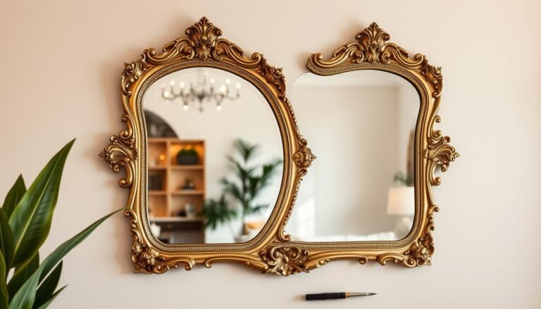 An ornate gold vintage mirror reflecting a beautifully styled living room with soft lighting