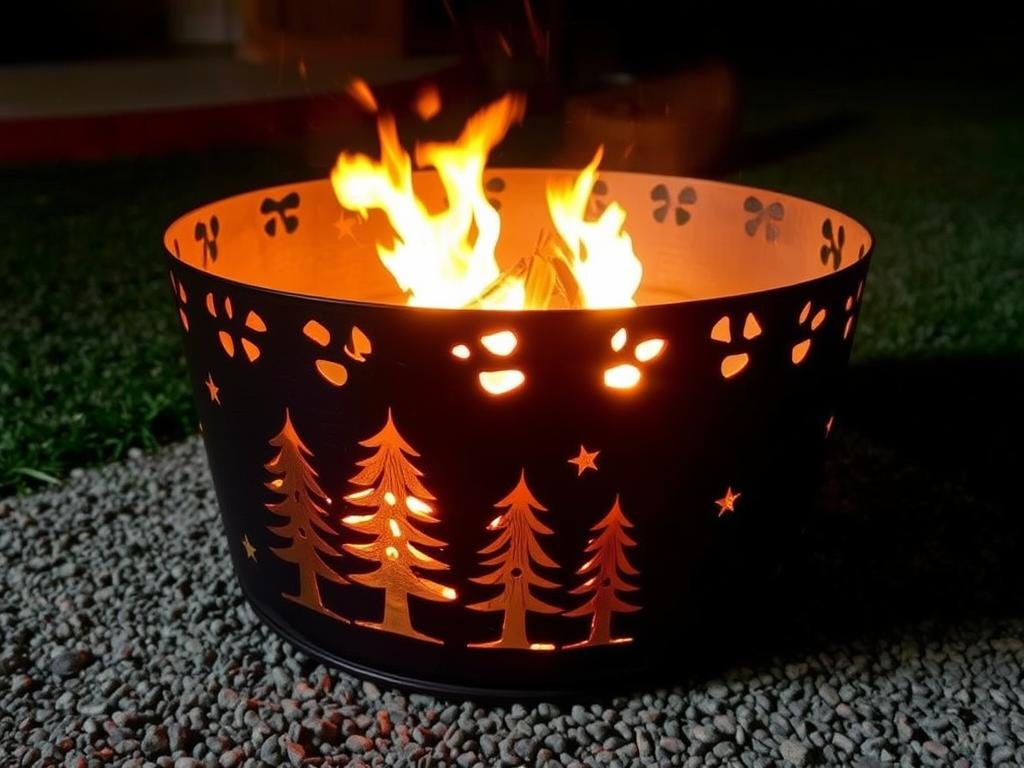 An upcycled fire pit made from a repurposed metal drum with decorative cutouts creating light patterns at night