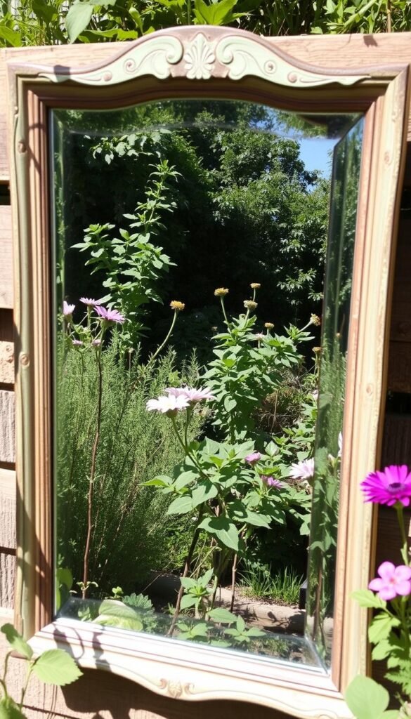 Antique mirror placed in a garden setting reflecting plants and creating the illusion of expanded space Antique mirror placed in a garden setting reflecting plants and creating the illusion of expanded space
